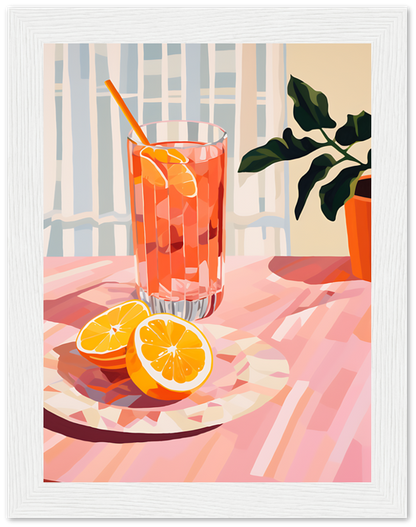 Illustration of a glass of iced drink with orange slices, on a table next to a plant.