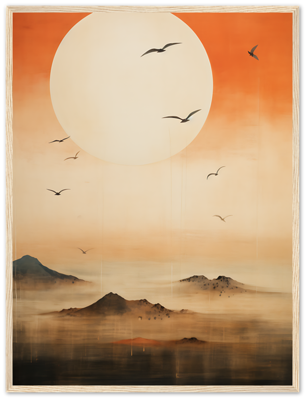 Painting of a large sun with birds flying over misty mountains.