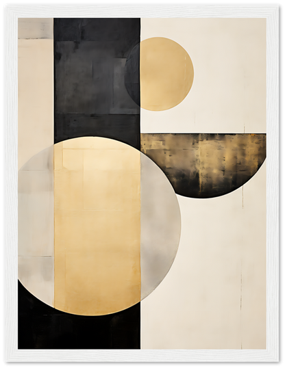 Modern abstract painting with geometric shapes in black, white, and gold.