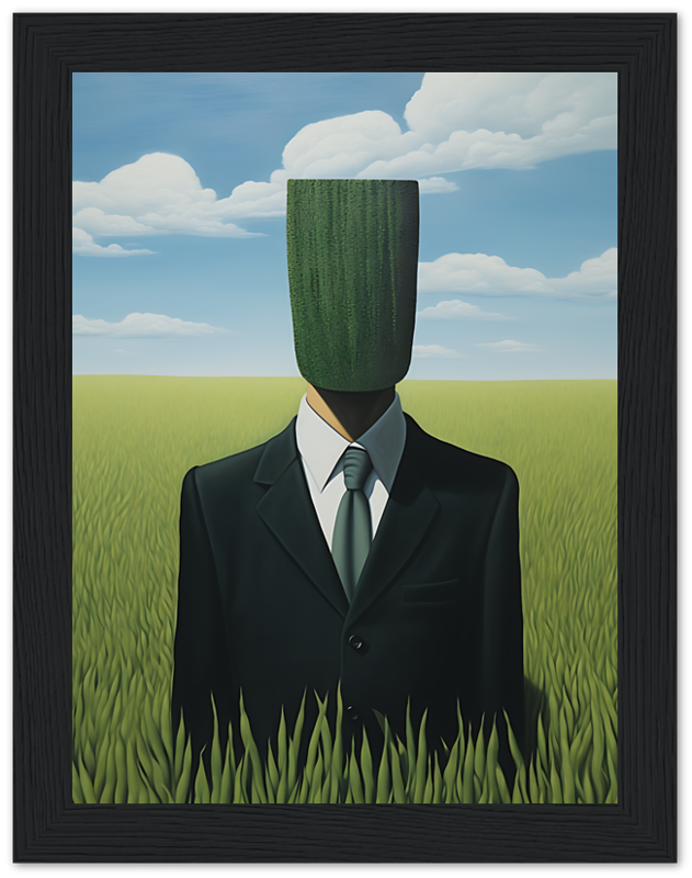 A painting of a man in a suit with a green apple covering his face against a sky backdrop.