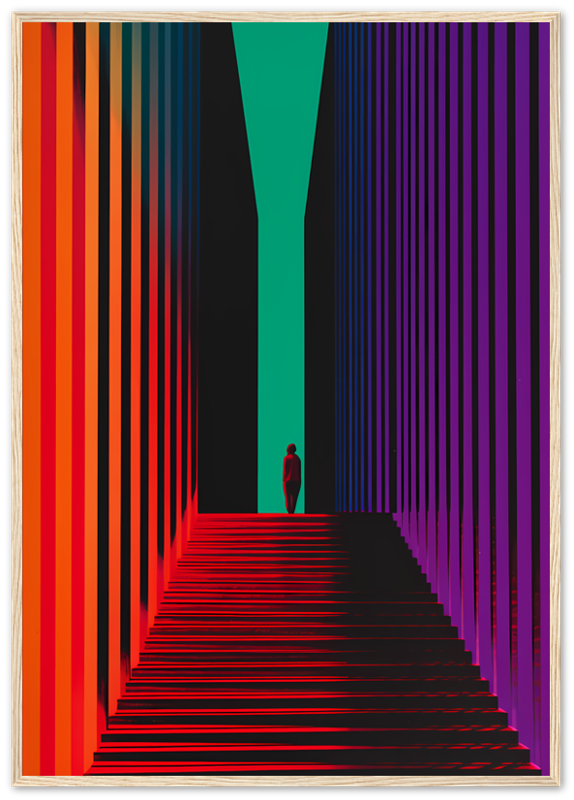 Abstract colorful geometric artwork with a person silhouetted in the center.