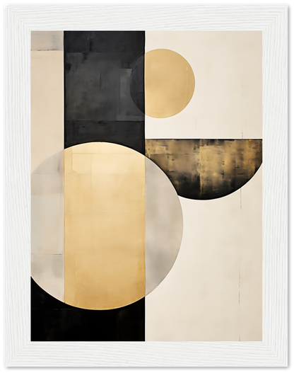 Modern abstract geometric painting with circles and rectangles in black, gold, and beige tones.