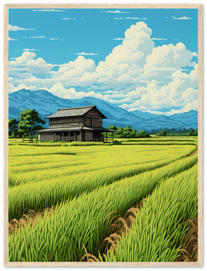 Illustration of a traditional house in a rice field with mountains in the background, framed as a painting.