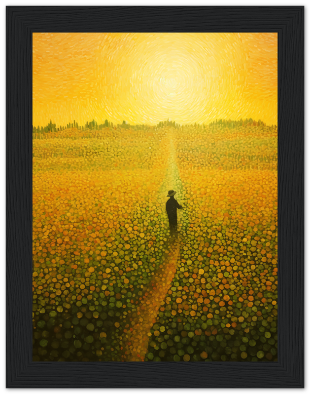 A person walking on a path through a field of flowers under a swirling sun.