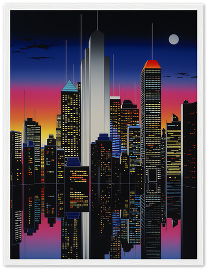 A stylized cityscape at night with skyscrapers and a full moon, framed by a wooden frame.