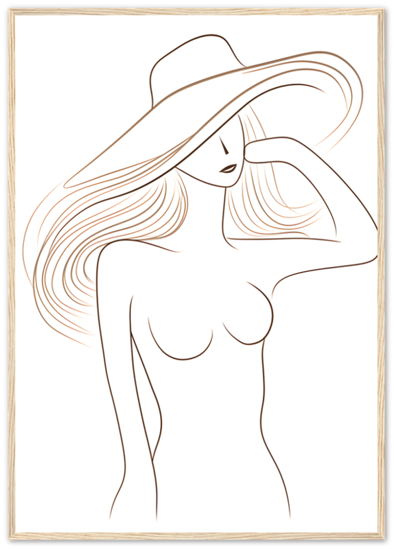 An illustrated portrait of a stylish woman in a large-brimmed hat within a wooden frame.