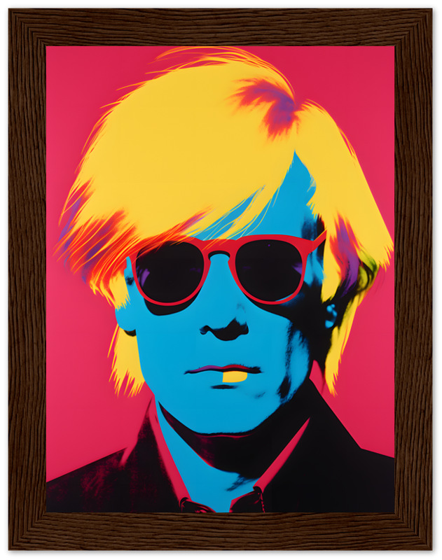 Colorful pop art portrait of a man with sunglasses in a wooden frame.