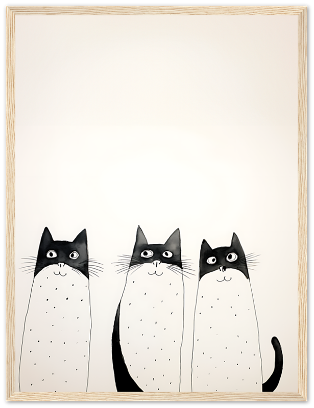 Three cartoon cats with prominent whiskers inside a wooden frame.