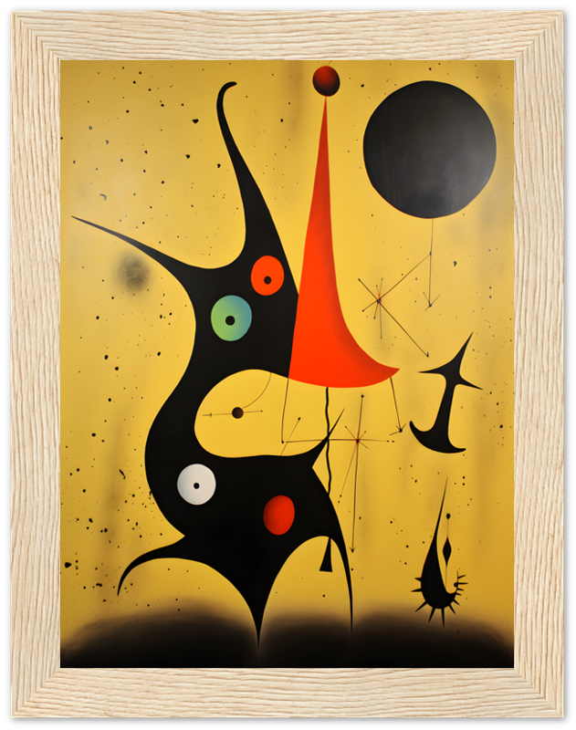 A framed abstract painting with whimsical shapes and vibrant colors on a gold backdrop.