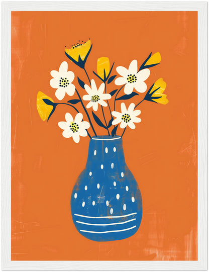 A vibrant illustration of white and yellow flowers in a blue dotted vase on an orange background, framed in brown.
