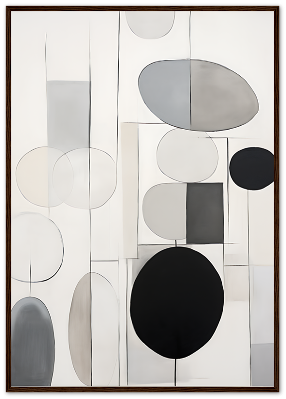 Modern abstract art with geometrical shapes and circles in a neutral palette, framed in wood.