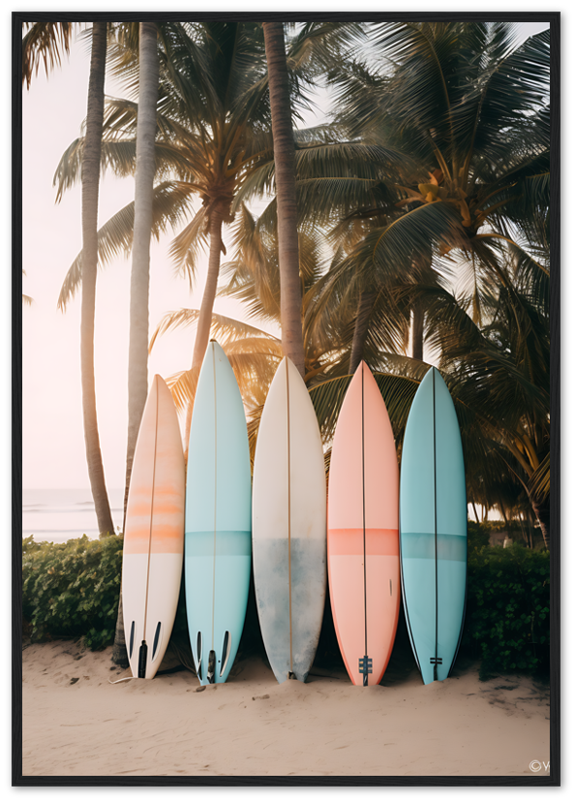 Five surfboards leaning against palm trees at sunset.