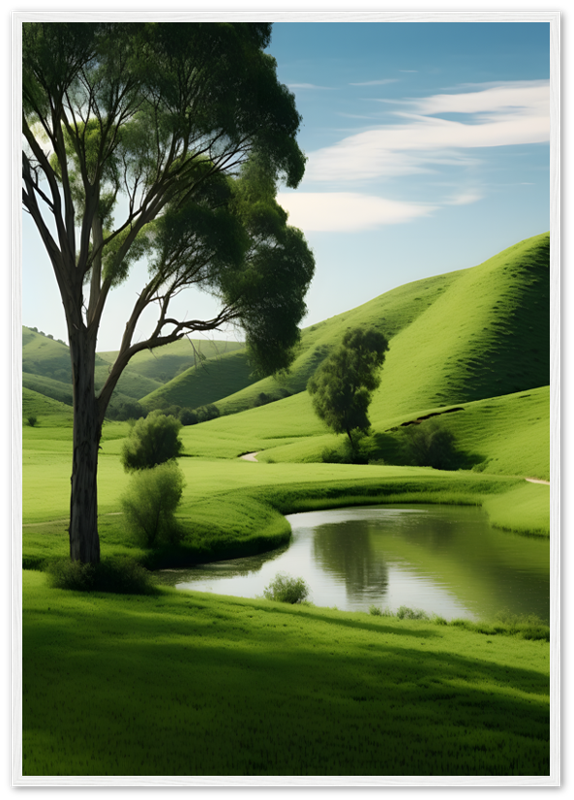Idyllic landscape with lush green hills, a tree, and a reflective pond.