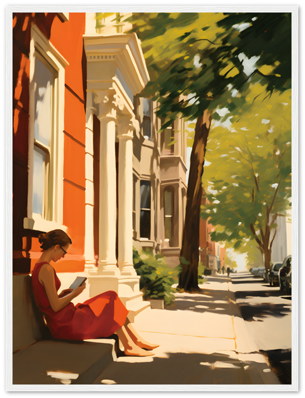 A painting of a person reading on a sunny city sidewalk with shadows of trees.