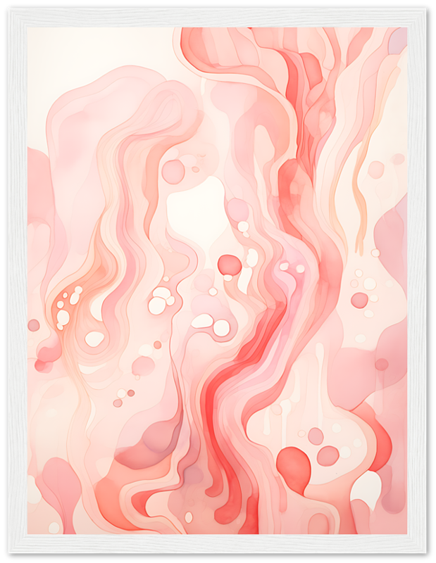 Abstract pink and white fluid art painting with a white frame.