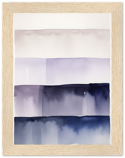 An abstract watercolor painting with various shades of blue, framed in wood.