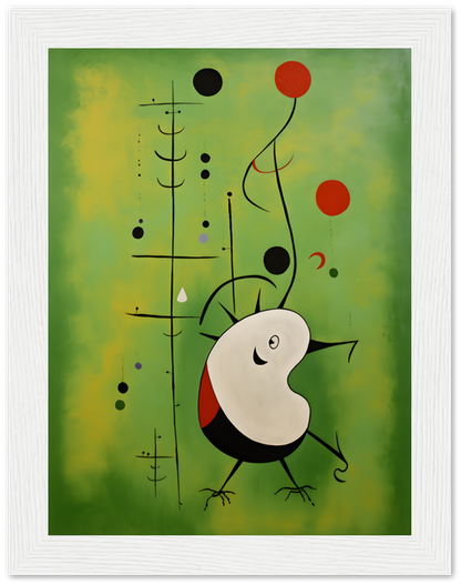 Abstract painting with whimsical shapes and lines in a white frame.
