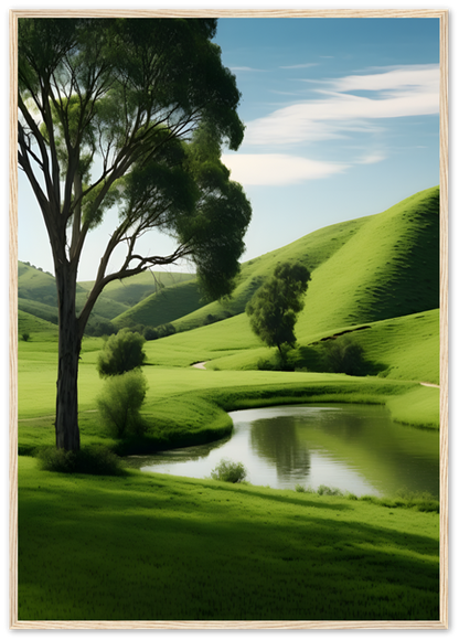 A framed image depicting a serene landscape with green hills, trees, and a small pond.