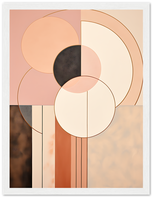 Abstract geometric artwork with earth-tone circles and rectangles.