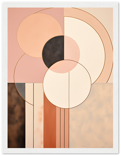 Abstract geometric artwork with earth-tone circles and rectangles.