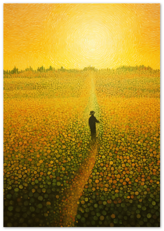 Painting of a person walking on a path through a field of flowers under a swirling yellow sky.