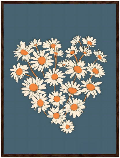 A heart shape formed by white and orange daisies against a blue background.