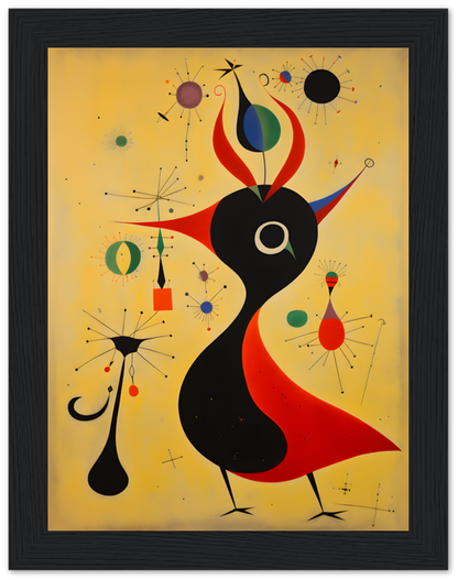 Abstract painting with colorful whimsical shapes and celestial bodies on a yellow background, framed in black.