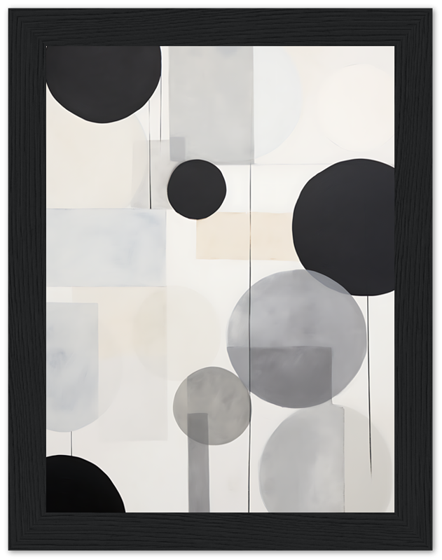 Abstract art with circles in shades of black, gray, and beige in a black frame.