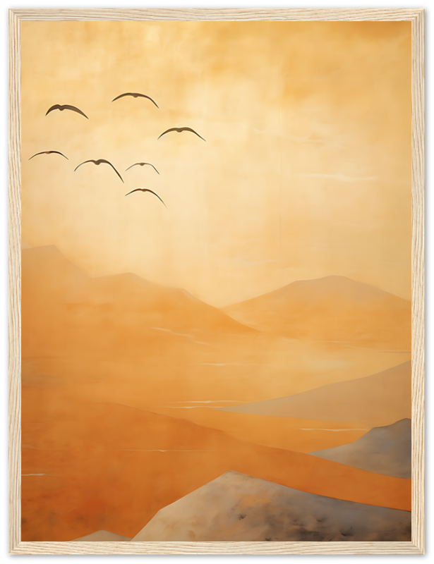 A serene landscape painting of orange-hued mountains with birds flying in a V-formation in the sky.