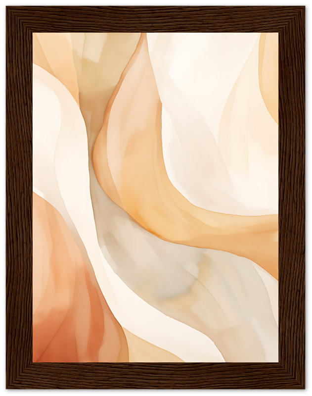 An abstract painting with warm, swirling colors in a dark wooden frame.