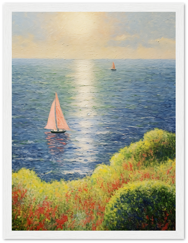 Painting of sailboats on a calm sea with sunlight reflecting on water, framed by a wooden frame.