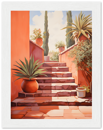 A framed painting of a sunny outdoor staircase with potted plants.