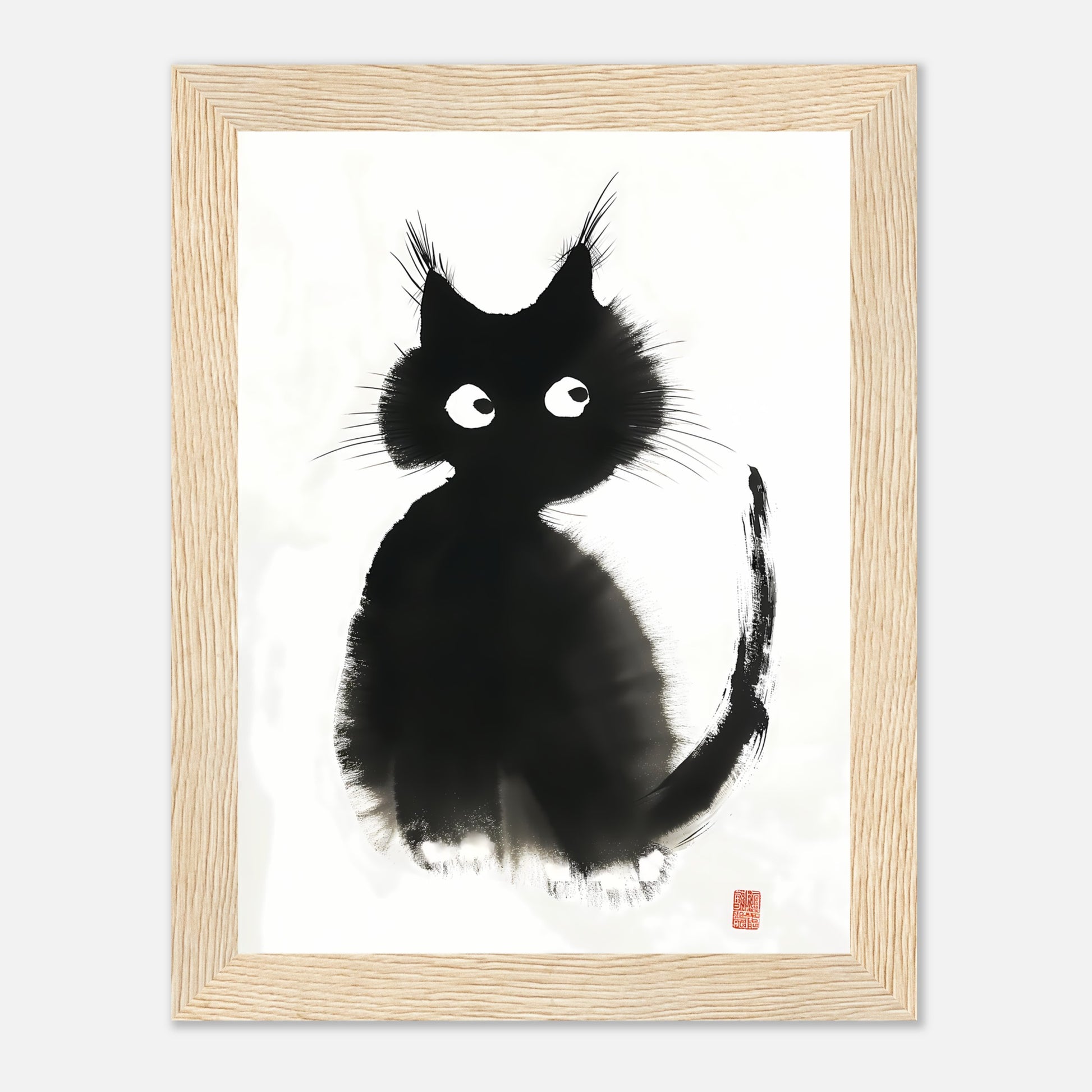 A framed artwork of a stylized black cat with large eyes and abstract fur details.
