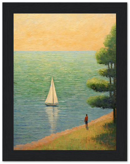 "Impressionistic painting of a person on a shore watching a sailboat on the water at sunset."
