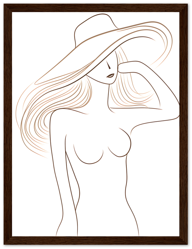 A stylized line drawing of a woman with a hat, framed as artwork.
