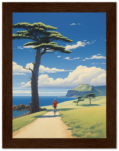 A painting of a person walking down a path toward the sea with a tree and cliffs in the background, in a wooden frame.