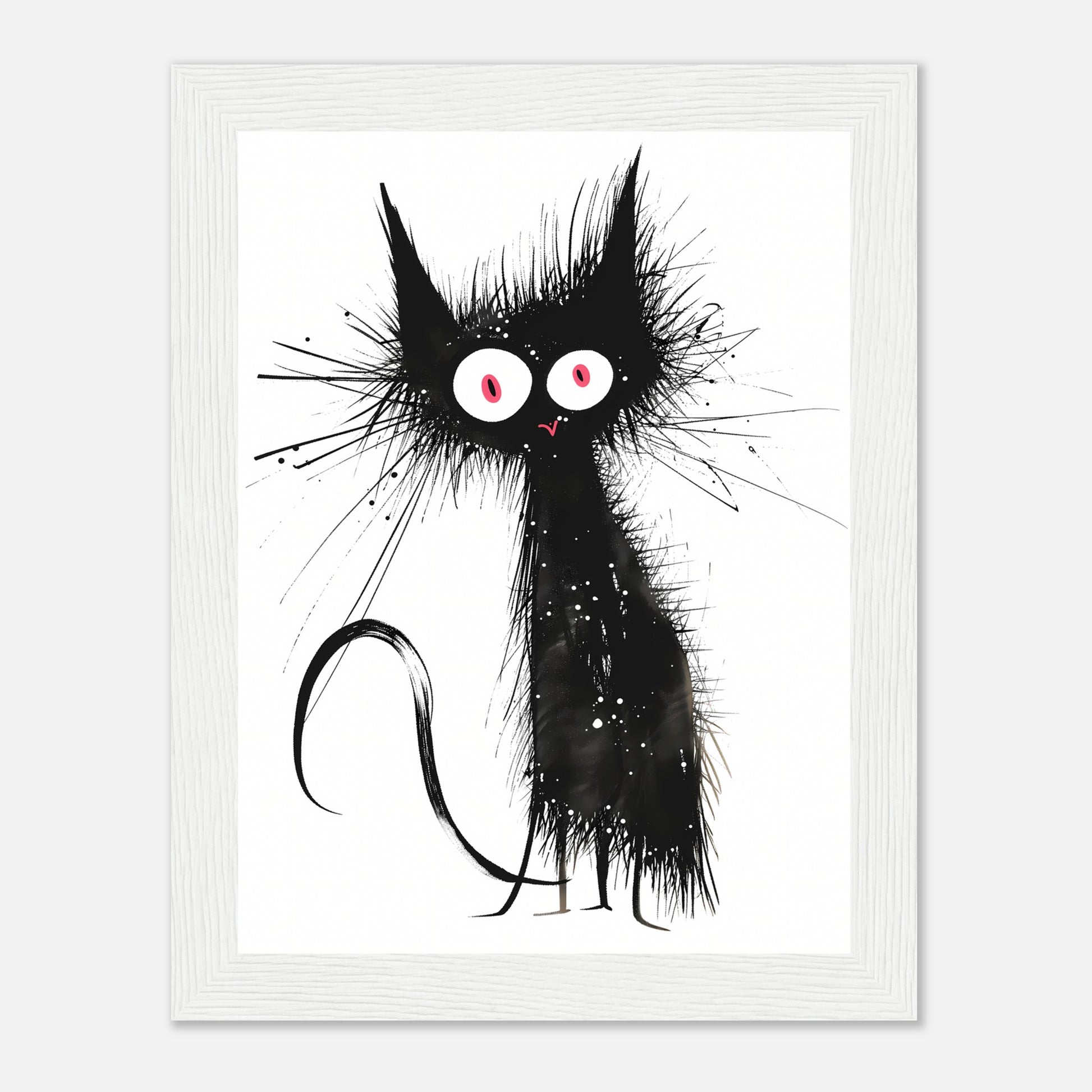 Illustration of a whimsical black cat with large eyes and spiky fur in a frame.