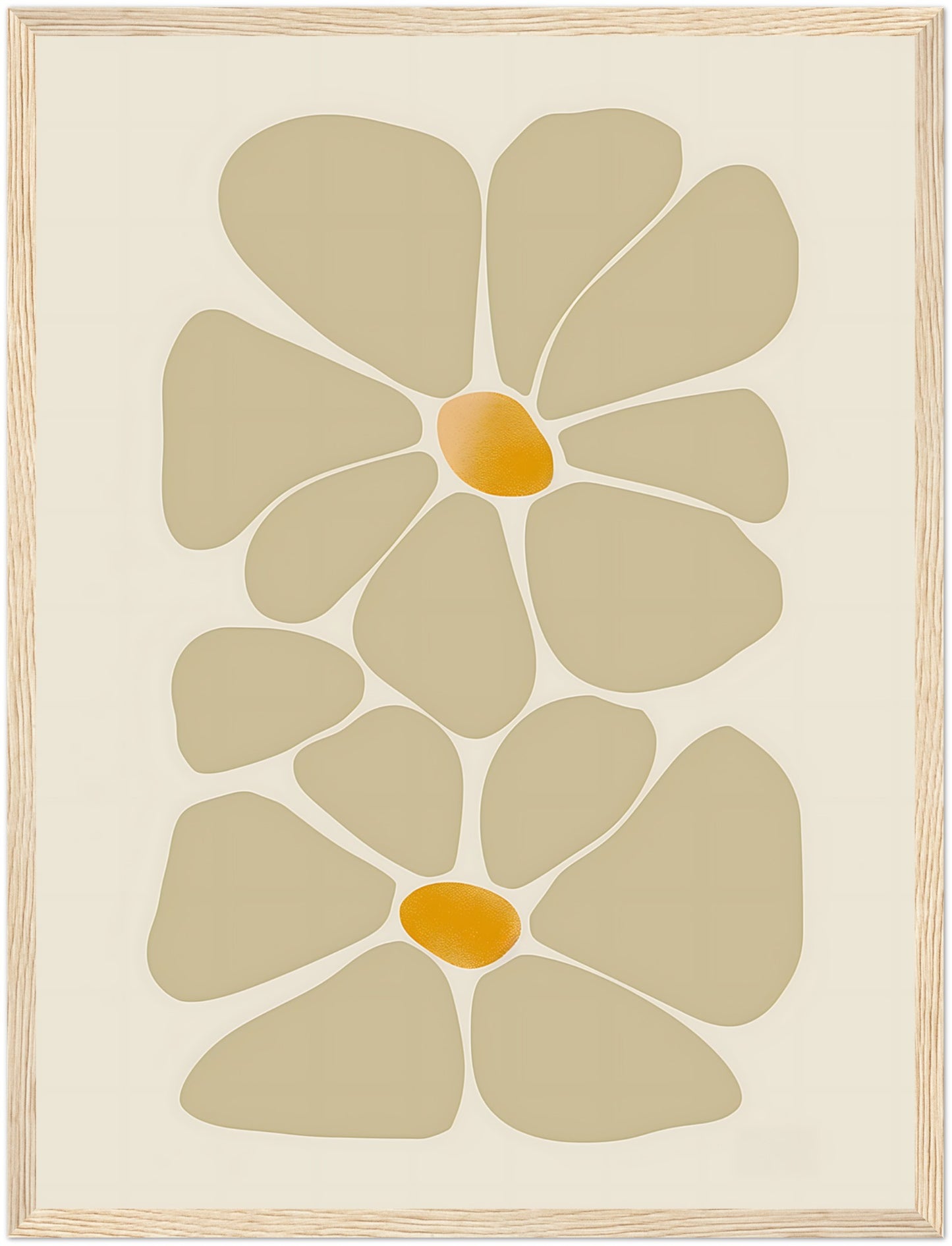 Abstract floral design in earth tones, framed with a wooden border.