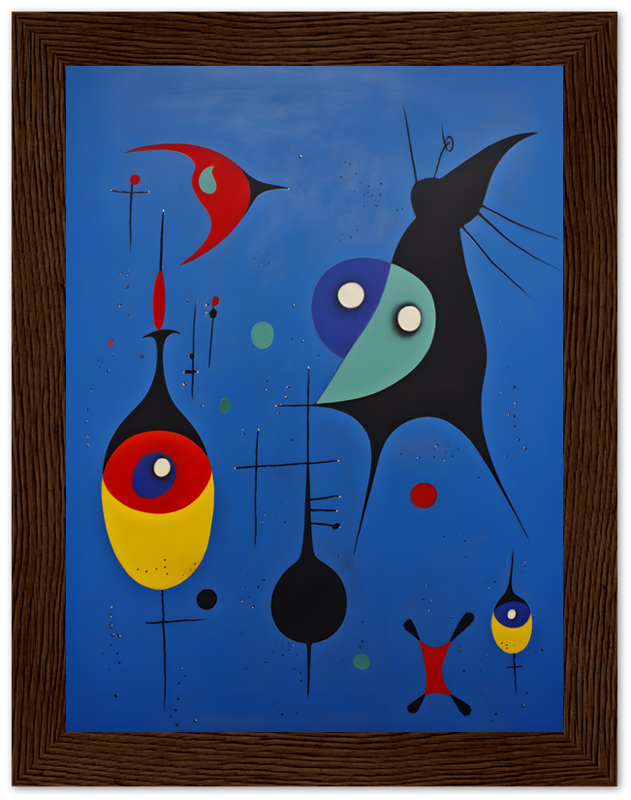 Abstract painting with colorful shapes and figures against a blue background, framed in brown wood.