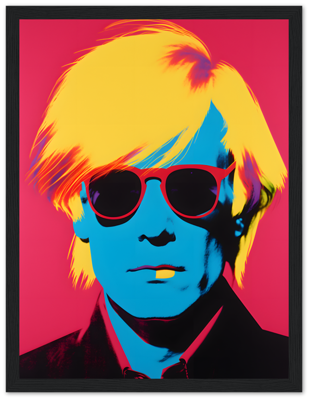 Pop art style portrait of a man with bright yellow hair and blue face, wearing sunglasses and a suit.