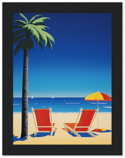 Two beach chairs under an umbrella by the sea with a palm tree and sailboats.
