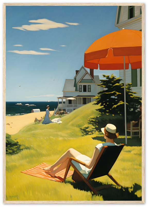 A serene beach scene with a person beneath an orange umbrella, houses nearby, and someone walking along the shore.