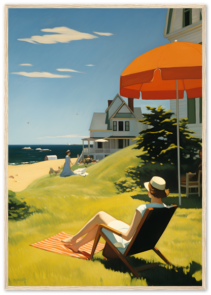 A serene beach scene with a person beneath an orange umbrella, houses nearby, and someone walking along the shore.