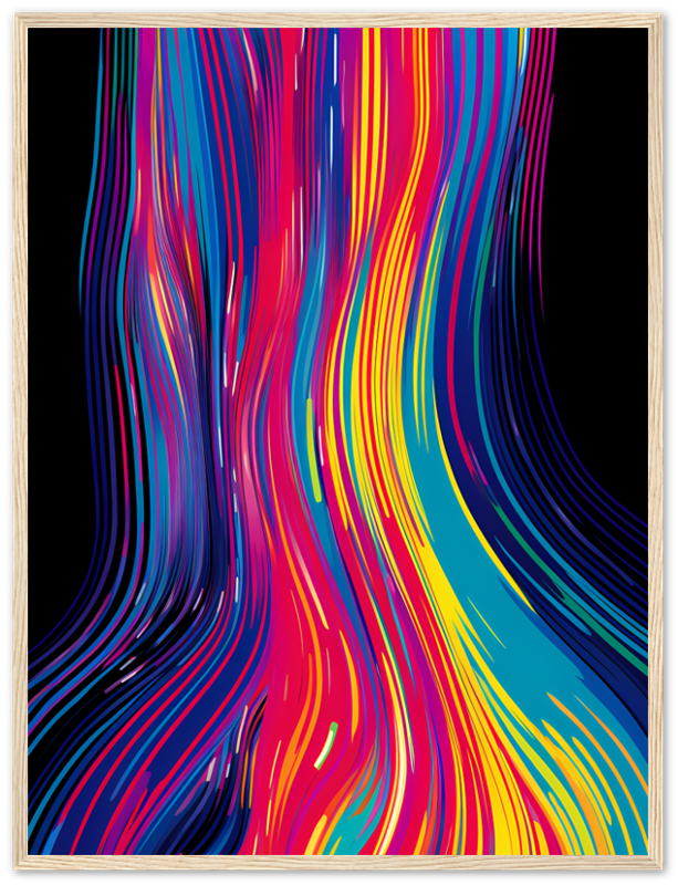 An abstract artwork with colorful wavy lines in a wooden frame.