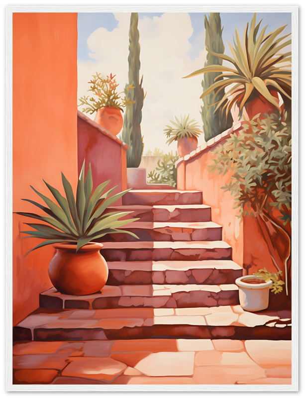 A painting of a sunlit staircase with plants in pots beside an orange wall.