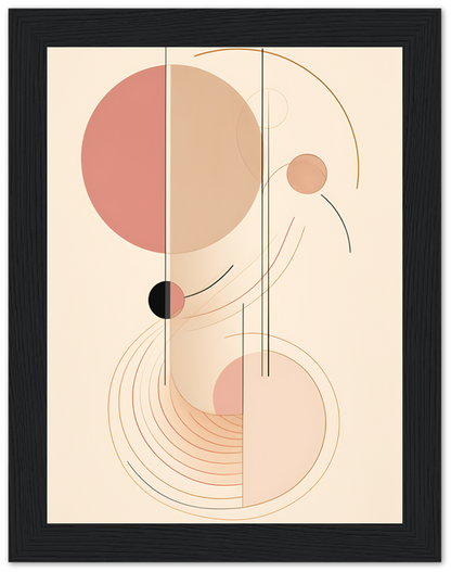 Abstract art with geometric shapes and lines in warm tones, framed.