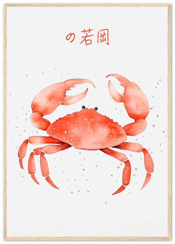 A framed illustration of a red crab with Japanese text above it.