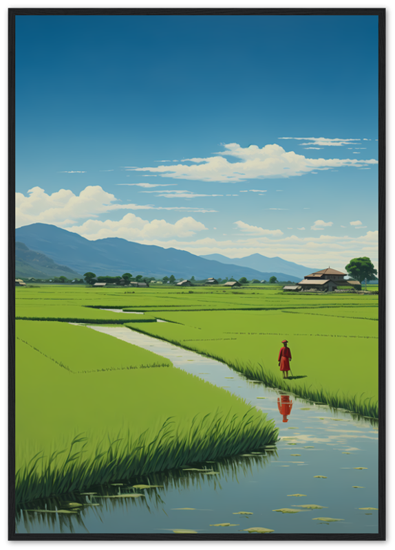 Illustration of a person walking by rice fields with mountains in the background, framed like a painting.