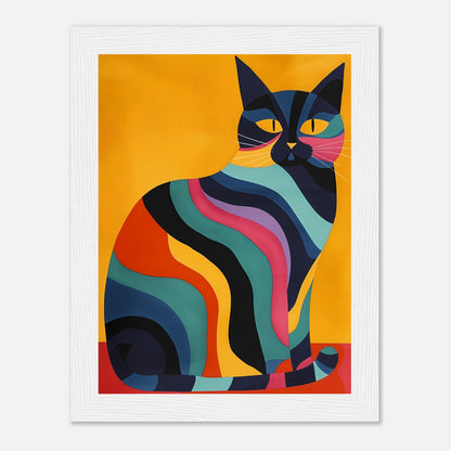 Colorful, abstract art of a striped cat against an orange background, in a wooden frame.