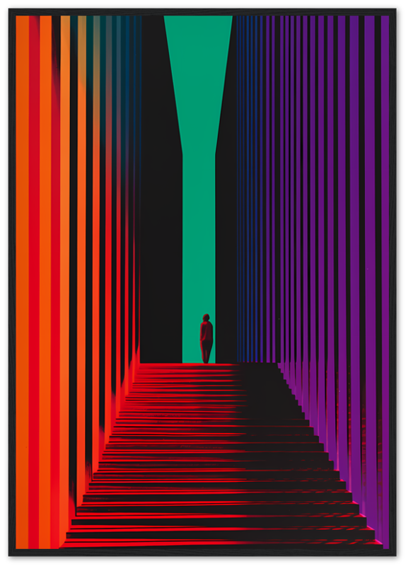 Abstract colorful geometric artwork with a person silhouetted in the center.